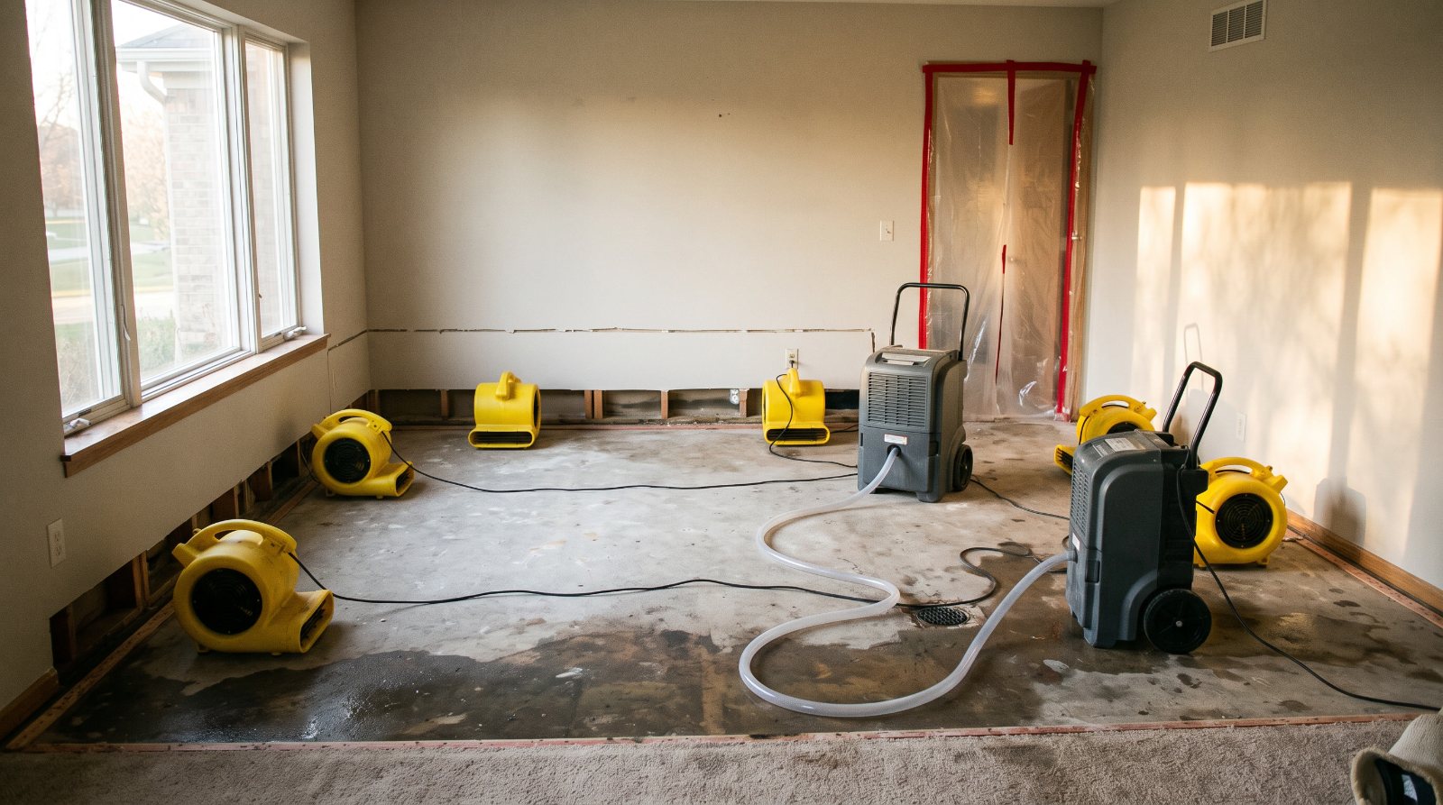 Air movers and dehumidifiers running overnight in a commercial space