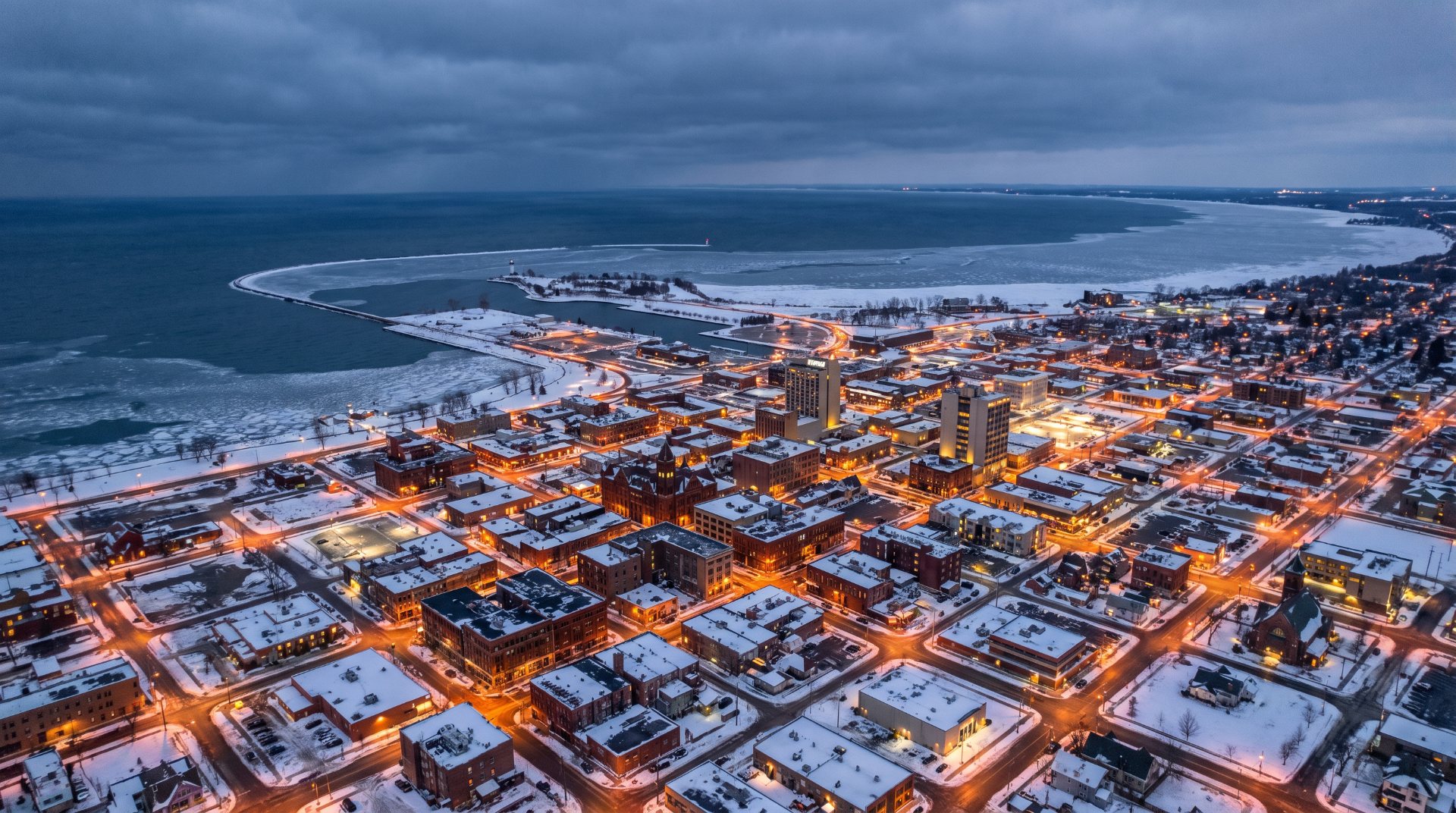 Aerial view of Erie, Pennsylvania and the bayfront in winter