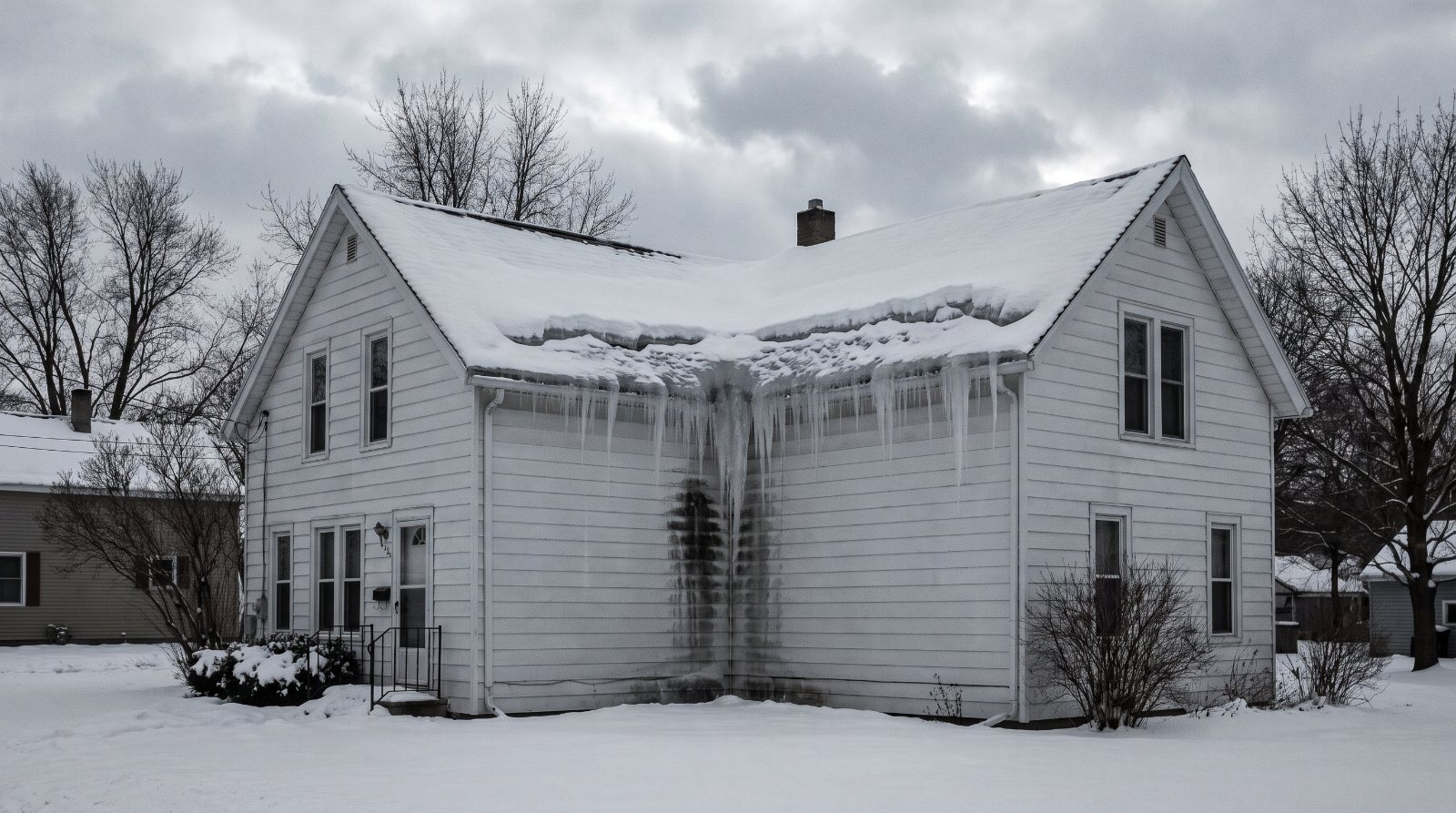 Ice dam and icicles on an Erie, PA home in winter