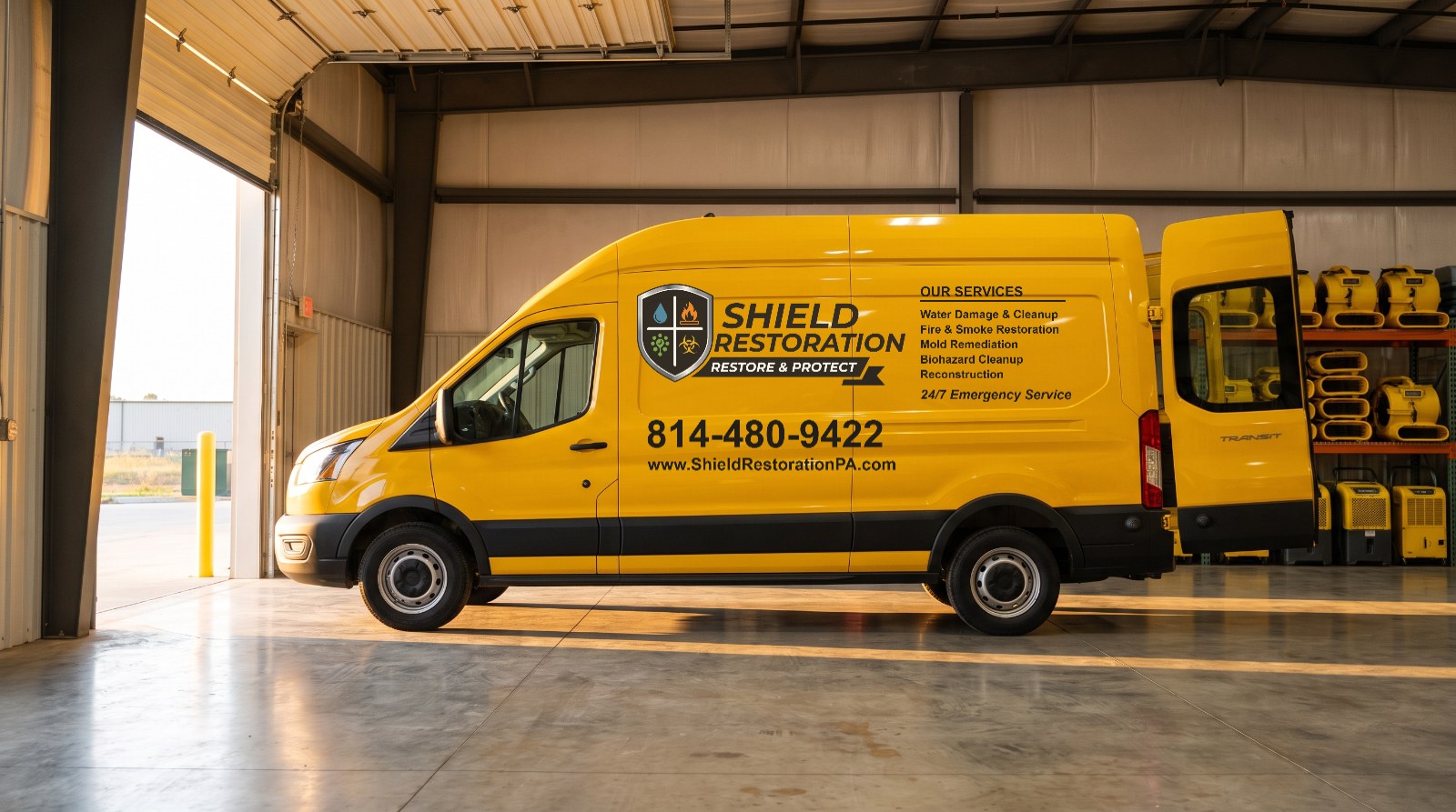 Shield Restoration van loaded with drying equipment in the Erie staging bay