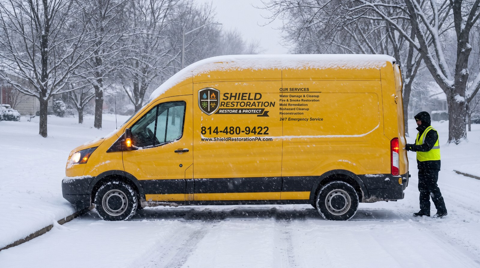 Shield Restoration van responding during an Erie lake-effect snowstorm