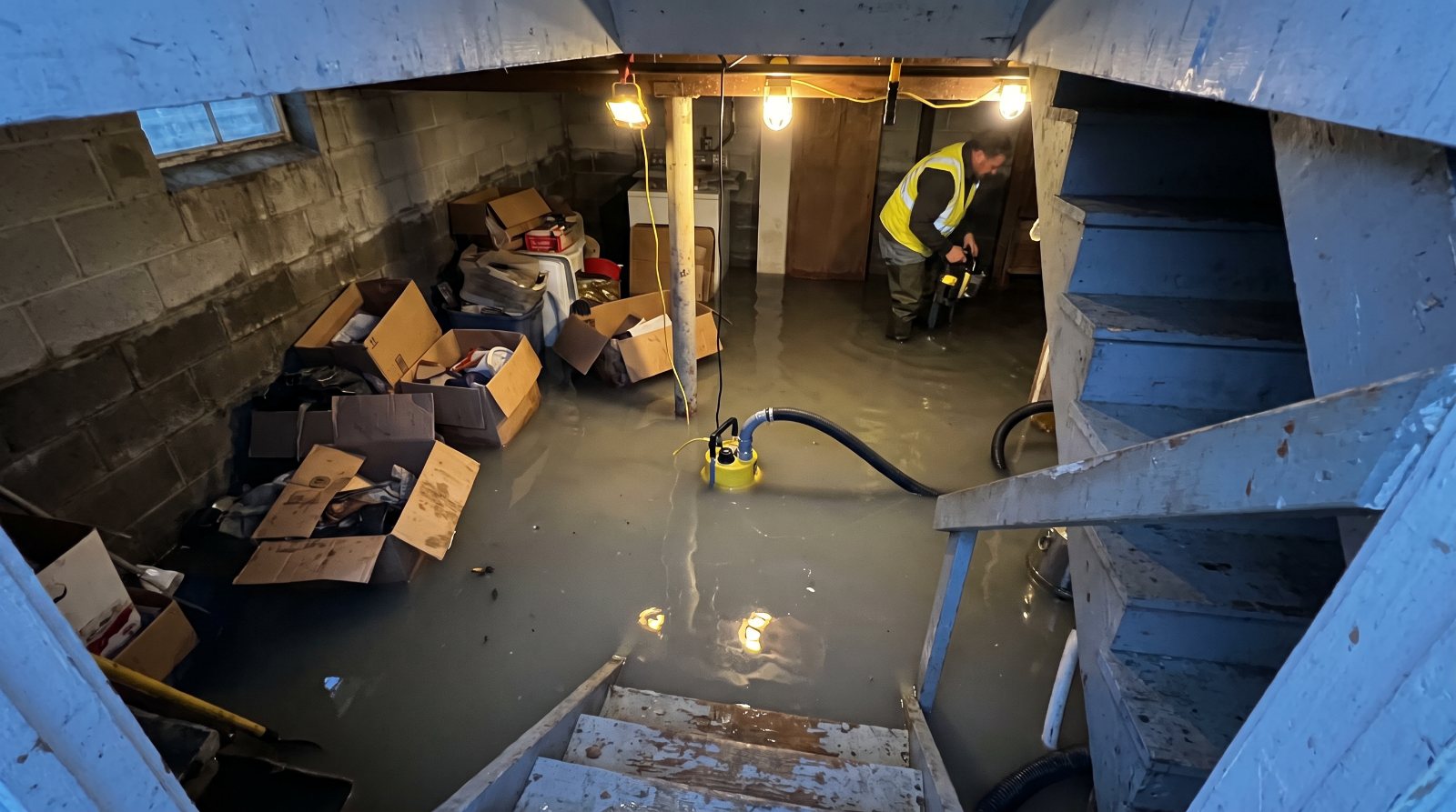 Flooded basement water extraction in Erie, PA